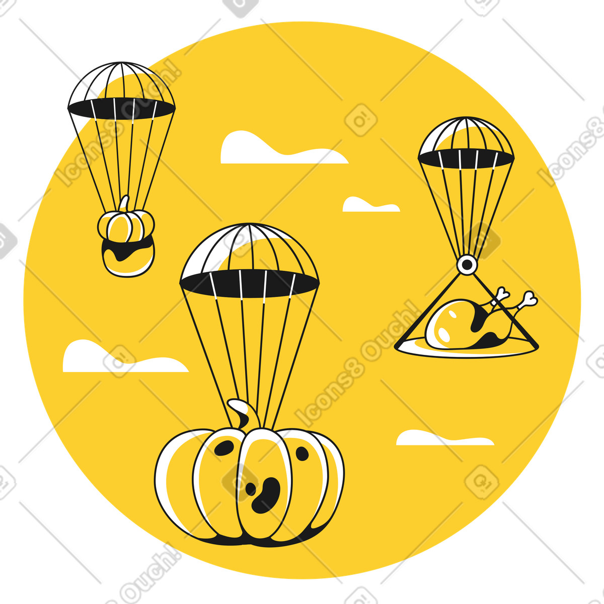 Parachutes delivering food items in sky, Fast drop-off, Contactless delivery illustration Taxi style download PNG, SVG