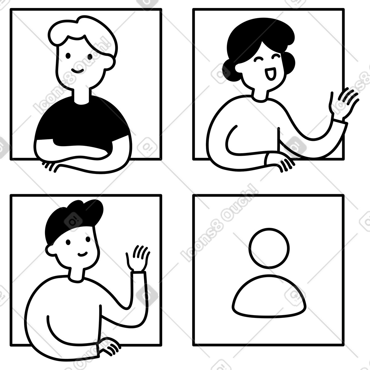 Avatar grid with three waving profiles and one blank placeholder-Illustration im Notion Line Art-Stil als Download in PNG, SVG