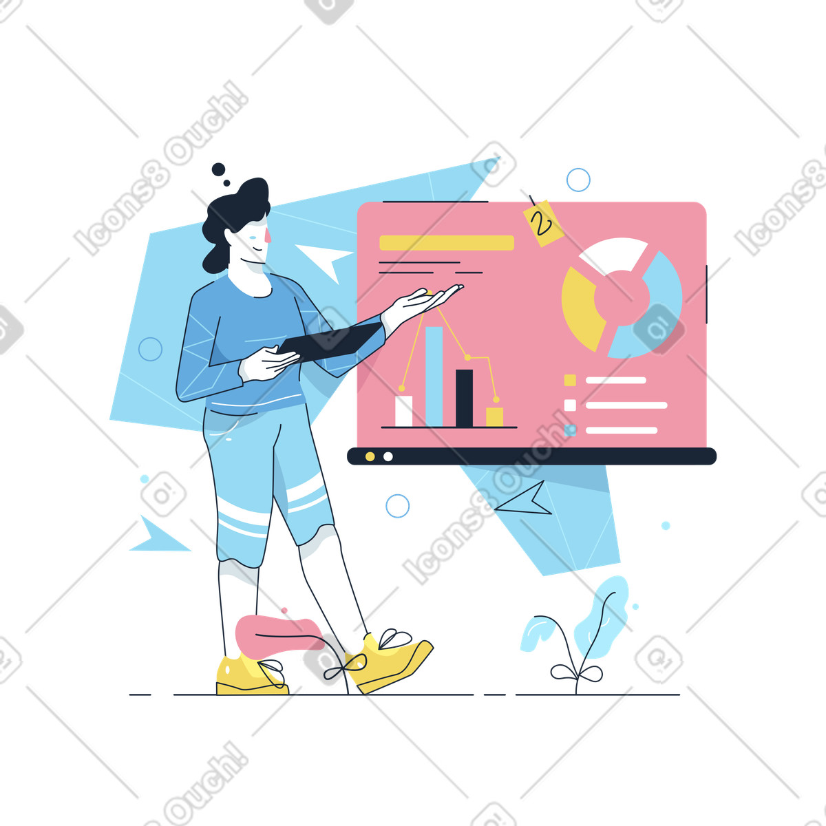 Woman presenting analytics online illustration in Work Hard style download in PNG, SVG