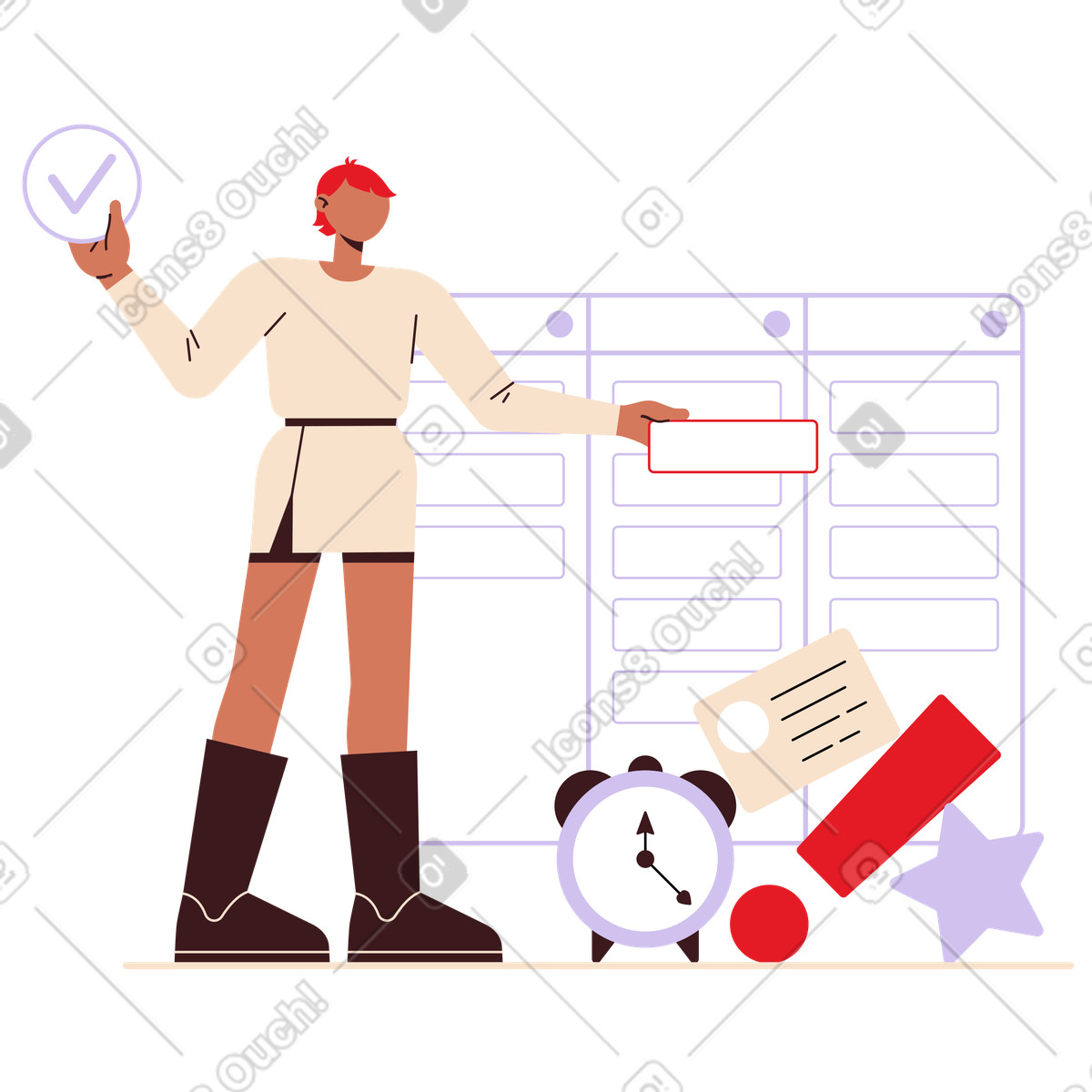 Ilustración Employee organizing kanban board, task management and productivity en estilo Folks a descargar en PNG y SVG
