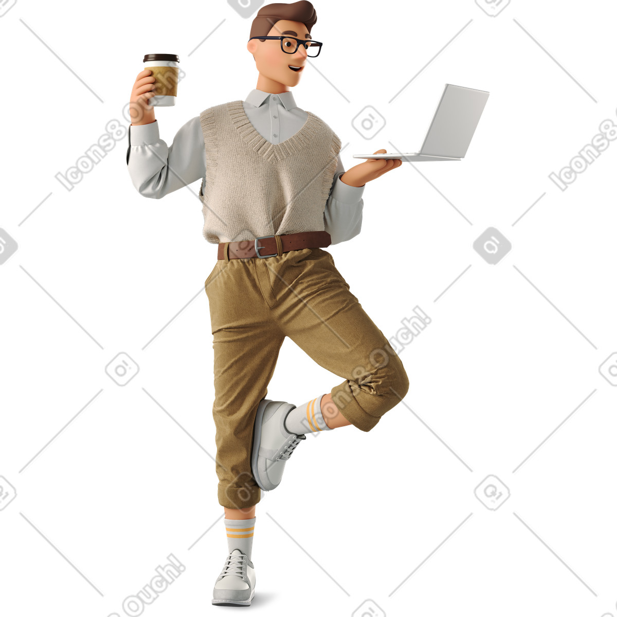 Man standing with laptop and coffee-Illustration im 3D Business-Stil als Download in PNG, SVG