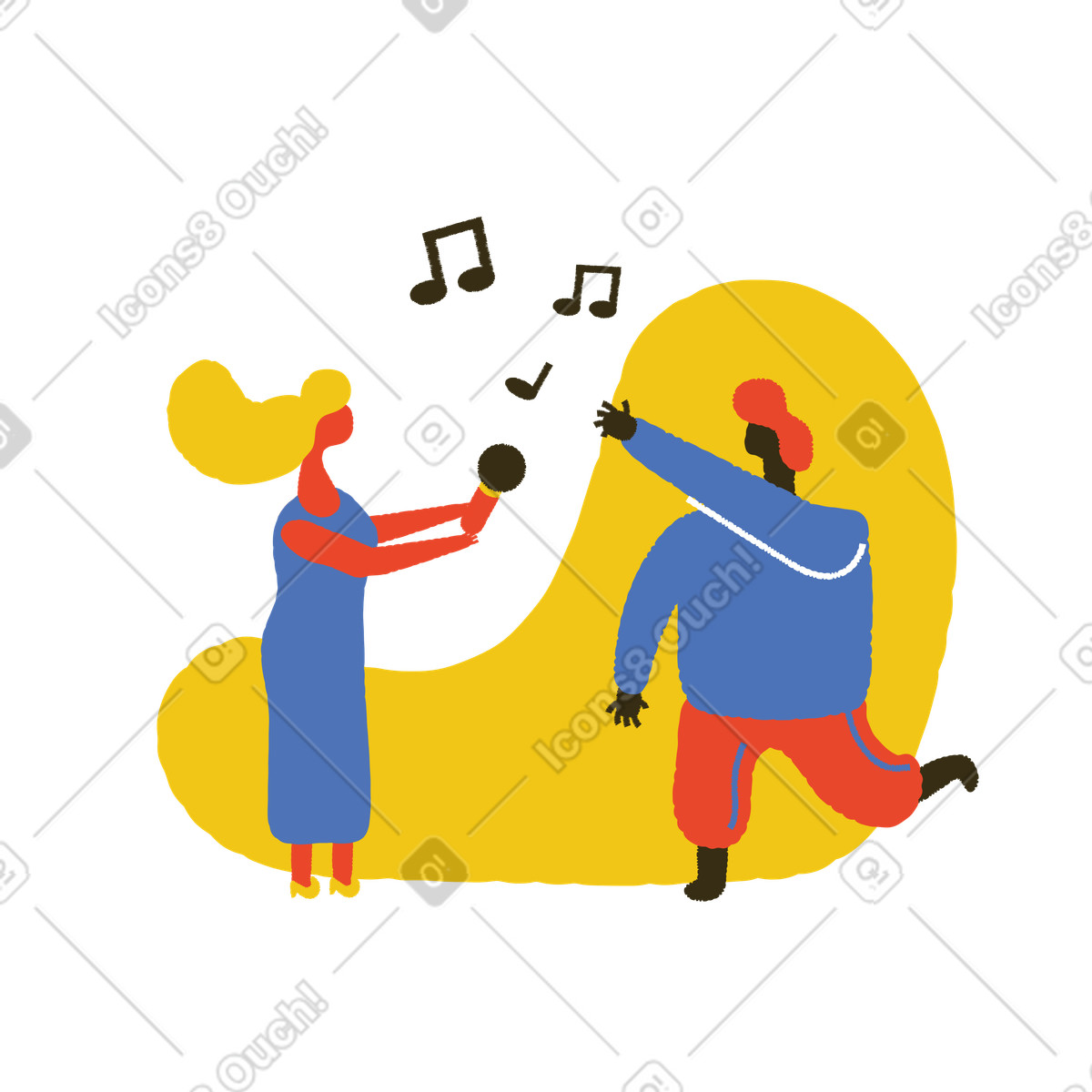 Illustration Une femme donne un micro à homme pour qu'il joue dans le style Bermuda télécharger aux formats PNG, SVG