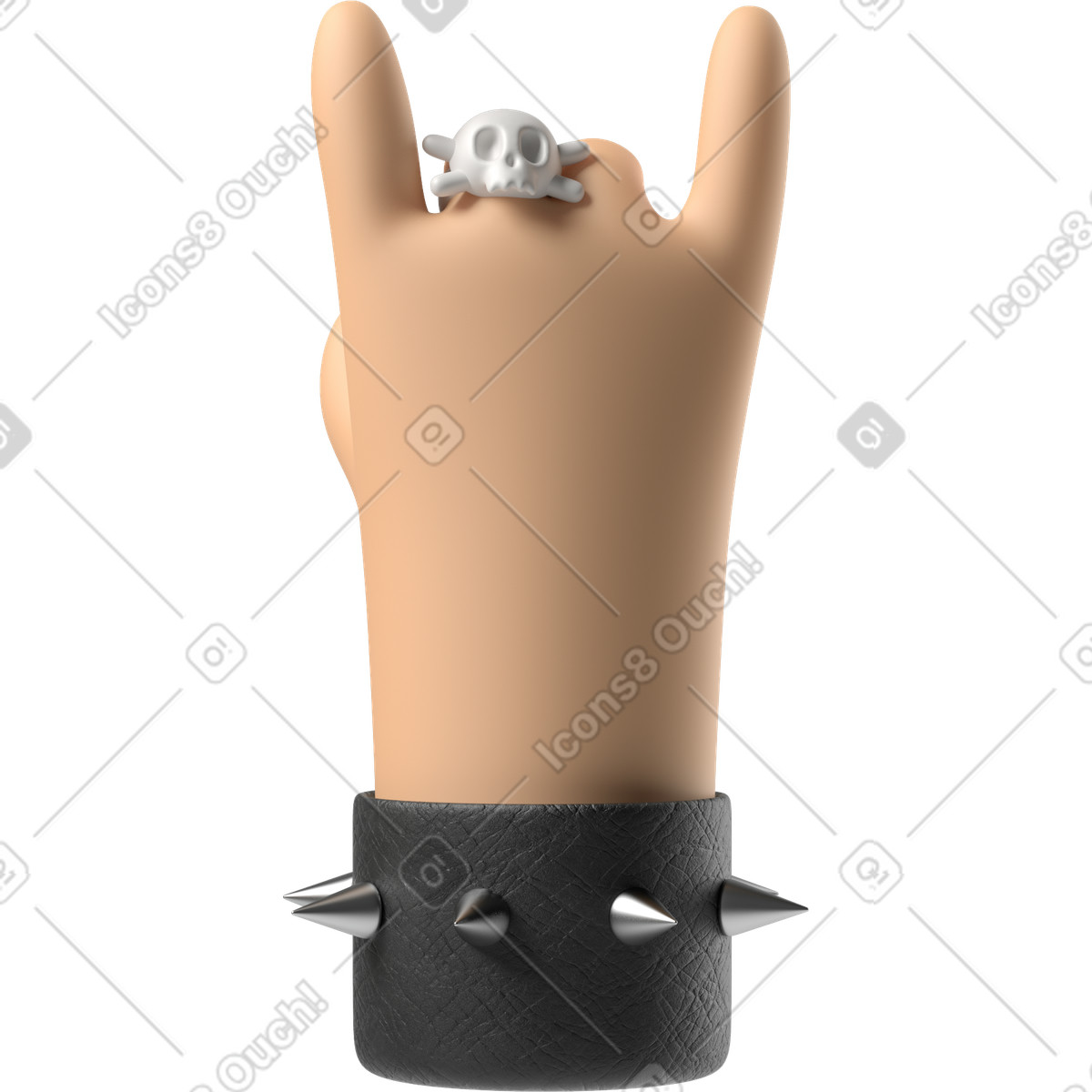 Ilustração de Mão pele branca do roqueiro com anel caveira mostrando sinal rock em no estilo 3D Hands Fun&Wild para baixar em PNG, SVG