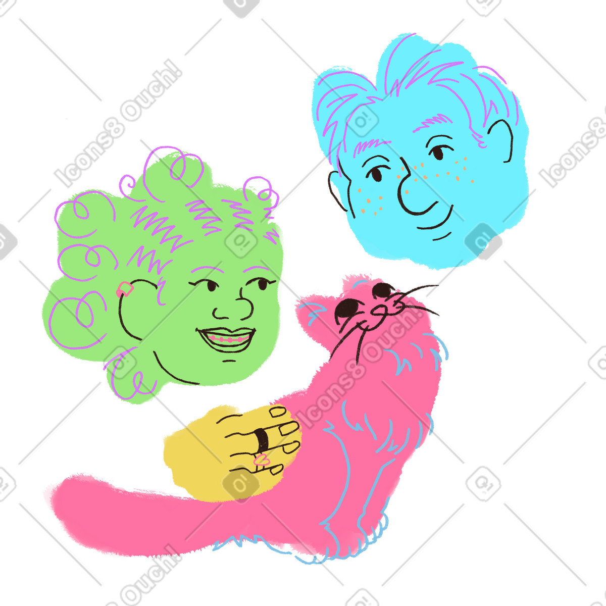 Blobby スタイルの Man and woman admiring petting a cat のイラストをPNG、SVG形式でダウンロード