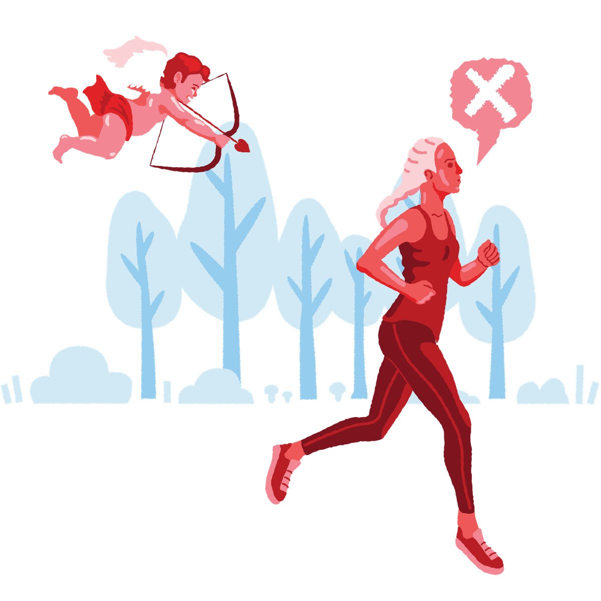 Donna che fugge da cupido a causa di un amore indesiderato illustrazione in stile Cherry scarica in PNG, SVG