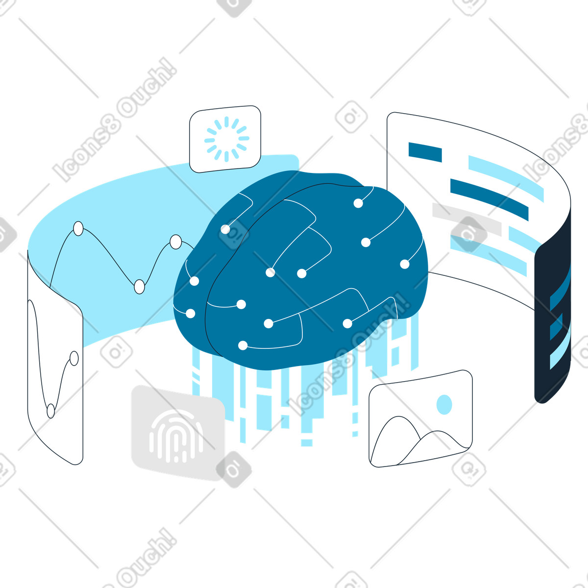 Indigo スタイルの AI brain with charts and data, Data-driven decision making のイラストをPNG、SVG形式でダウンロード