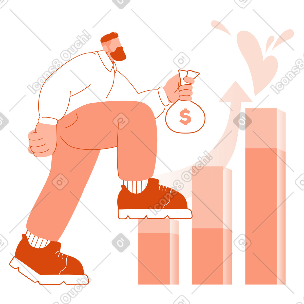 下载 Orange 风格的 Worker walking on growing bar chart, Career ladder or business growth 插画，支持 PNG、SVG 格式