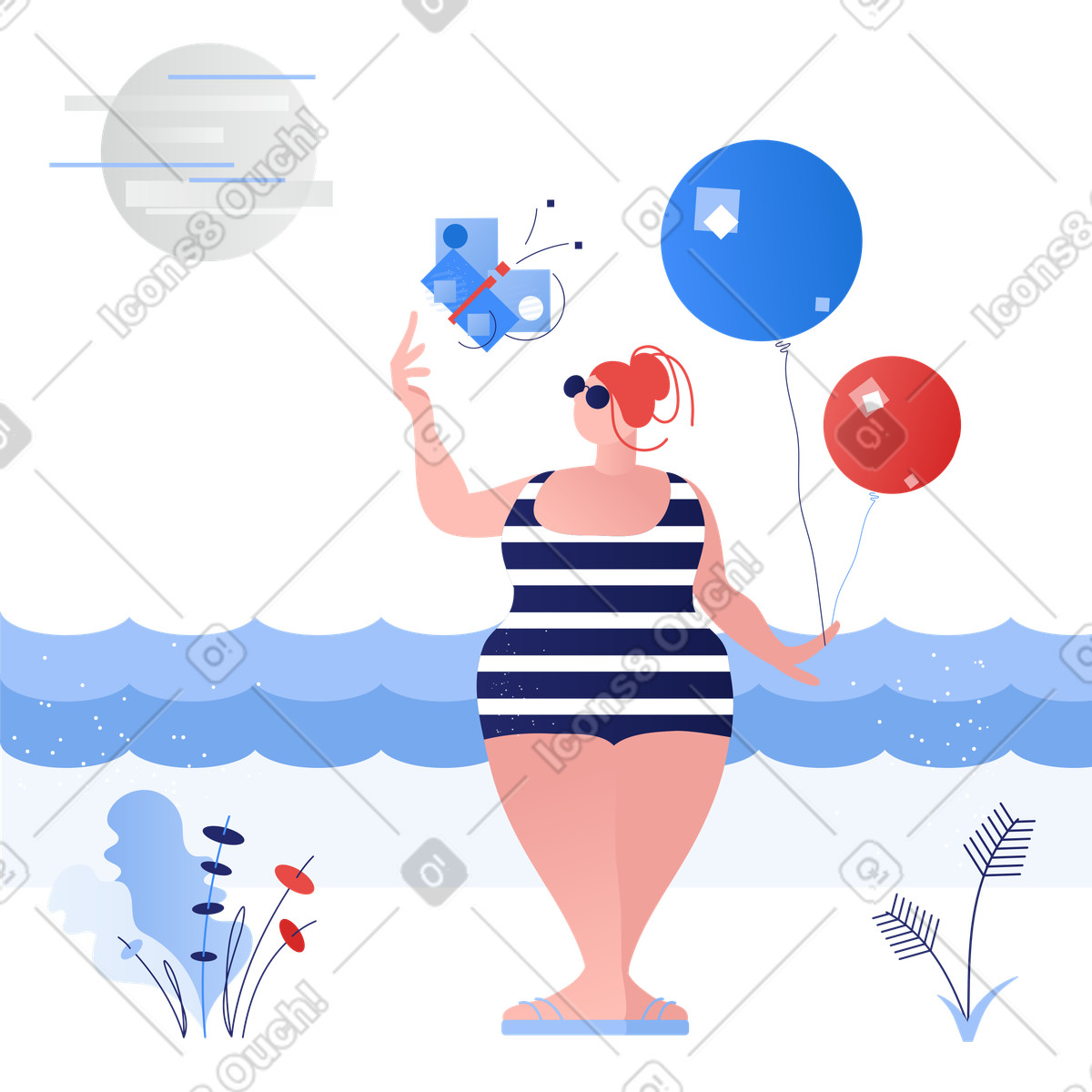 Frau im bikini hält luftballons und schmetterling-Illustration Clip-Stil als Download in PNG, SVG