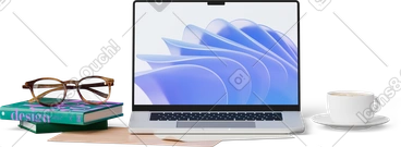 Front view of workspace with laptop and books PNG, SVG