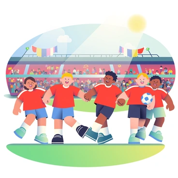 A group of excited children is gathered at Old Trafford, wearing bright red Manchester United jerseys. They are holding hands in a circle, some bouncing on the tips of their toes in anticipation. The stadium is bustling with fans in the background, with colorful banners and flags waving high. Each child has a big smile on their face, and one boy is holding a small soccer ball with the team logo on it. The sun is shining brightly, casting warm light on the scene, and the vibrant green of the grass can be seen in the foreground.