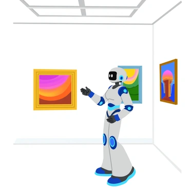A humanoid AI with a sleek metallic body is standing in an art gallery. The AI has a glowing blue core and intricate circuitry visible beneath its transparent skin. It is gazing at a painting that depicts a vibrant sunrise, featuring shades of orange, pink, and yellow blending in the sky. The painting is framed in an ornate gold frame and hangs on a white wall. Surrounding the AI are various other pieces of art, adding color and depth to the gallery space. Soft lighting from above illuminates the scene, casting gentle shadows on the floor.