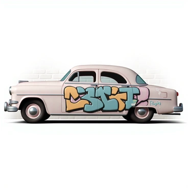 A vintage car, featuring a classic design with shiny chrome detailing and rounded edges, is parked against a weathered brick wall. The car's paint is a soft pastel color, showing signs of age with some chips and rust spots. Covering the car's surface is a vibrant display of modern illustrated graffiti, with bold colors and dynamic shapes, including abstract patterns and stylized characters. The contrast between the nostalgia of the car and the contemporary artwork creates a striking visual. The scene captures the essence of a blending of eras.