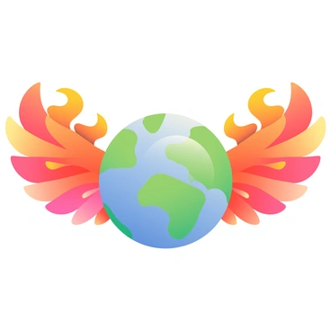 A globe with blue oceans and green continents is centered in the image. The globe is surrounded by large, fiery wings that are spread out wide, with vibrant orange and red flames extending outward. The flames have a dynamic texture, contrasting against the smooth surface of the globe. The wings display intricate details, simulating the appearance of feathers, with the tips flickering as if caught in a breeze. Light glimmers on both the globe and the wings, enhancing the vividness of the scene.