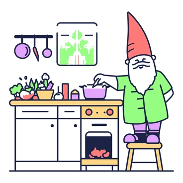 A vintage gnome is standing on a small wooden stool in a tiny kitchen. The gnome is wearing a red pointed hat and a green tunic, with a white beard that flows down to his chest. He is stirring a pot of stew that is bubbling on a small stove. Around him, the kitchen is filled with fresh ingredients. There are colorful vegetables such as carrots, onions, and herbs neatly arranged on a wooden countertop. A small basket filled with mushrooms sits next to a jar of spices. On the wall, there are hanging pots and pans, and a tiny window shows a glimpse of greenery outside.