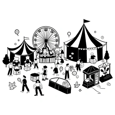 A bustling carnival scene featuring large tents with various geometric patterns. There are several rides, including a Ferris wheel and a carousel, with intricate details on their structures. Groups of people are gathered around, some holding cotton candy and balloons, while others are playing games at stalls. Scattered throughout the scene are decorations, such as banners and lights. The ground is covered with a mix of grass and wooden boards, and there are several food stands offering a variety of treats. The atmosphere is lively and filled with the energy of celebration.