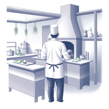 A chef dressed in a white uniform stands in a rustic kitchen. The chef is holding a "birne" in the left hand, while the right hand is skillfully slicing vegetables on a wooden cutting board. The kitchen features exposed wooden beams, a large stone fireplace, and hanging herbs. Various kitchen utensils and ingredients are neatly organized on the counter, and a pot simmers on the stove. The atmosphere conveys a sense of culinary creativity and traditional cooking.