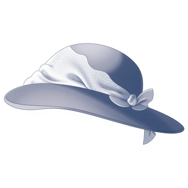 A cloche hat with a rounded crown and a gently curved brim. The hat is adorned with delicate lace that drapes elegantly over the brim, creating soft folds and shadows. The lace has intricate patterns, adding texture and detail to the overall appearance. The composition focuses on the graceful contours of the hat and the flowing nature of the veil, showcasing the refined elegance of this fashion accessory.
