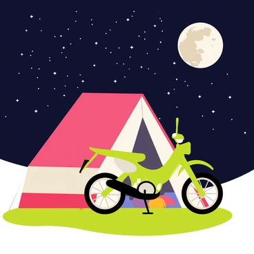 A green Kawasaki bike is parked beside a red and white camping tent. The tent is set up on a grassy patch, and its doors are slightly open, revealing a glimpse of sleeping bags inside. Above, the night sky is filled with numerous stars, twinkling brightly against the dark backdrop. A large moon illuminates the scene, casting soft shadows on the ground. The bike stands on its kickstand, gleaming under the moonlight, while a gentle breeze rustles the tent fabric.
