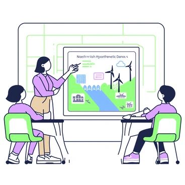 A classroom is filled with desks arranged in neat rows. In the front, a teacher with shoulder-length hair is standing next to a large chart displaying various sustainable energy sources. The teacher is wearing a blue shirt and khaki pants, pointing at the chart with a green pointer. The chart features illustrations of wind turbines, solar panels, and hydroelectric dams, each labeled clearly. Students can be seen in their seats, looking attentively towards the teacher and the chart. A large window allows natural light to enter the room, highlighting the educational atmosphere.