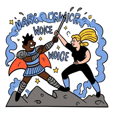 Two main characters are engaged in an epic battle in a dramatic pose. The first character has dark skin and short, spiky hair, wearing a fierce expression and armor adorned with intricate designs. The second character has light skin and long flowing hair, dressed in a sleek outfit that contrasts with the armor of the first character. They stand on a rocky terrain, their bodies tense with energy. Surrounding them is bold, swirling text that depicts the narrator's voice, enhancing the intensity of the scene. The background features a stormy sky, adding to the atmosphere of confrontation.