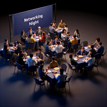 A networking event taking place in a stylish, modern venue with dim lighting. Several small tables are arranged around the space, each topped with drinks and appetizers. Groups of diverse business professionals, dressed in smart casual attire, are engaged in animated discussions. Some individuals are holding glasses of wine or cocktails, while others are gesturing as they share ideas. A large banner in the background reads "Networking Night" in elegant lettering. Soft music fills the air, creating a lively atmosphere of collaboration and opportunity.