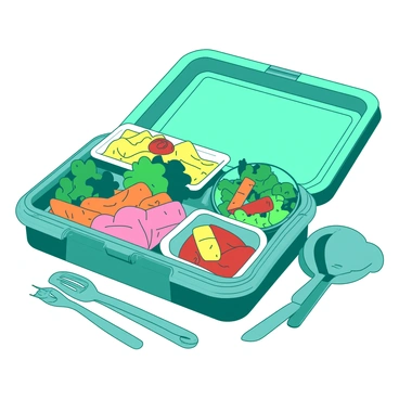 A teal lunchbox is open, revealing a colorful assortment of leftovers from previous dinners. Inside, there are neatly arranged sections filled with various items: a portion of yellow pasta with red tomato sauce, green steamed broccoli, orange roasted carrots, and pink slices of cooked chicken. A small container holds a vibrant salad with leafy greens and diced vegetables. The lunchbox is placed on a white kitchen countertop, with a few utensils resting beside it. The overall composition showcases the variety and colorfulness of the leftovers neatly packed for lunch.