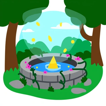 A mystical well made of ancient stones sits in the center of an enchanted forest. The well is adorned with twisting vines and colorful flowers blooming at its edges. Sparkles of magic in various shades of blue and gold rise from its depths, illuminating the surrounding area. Lush green trees with thick trunks and a variety of leaves frame the scene, while soft shafts of light filter through the canopy above. Small, glowing orbs hover gently in the air around the well, adding to the magical atmosphere.