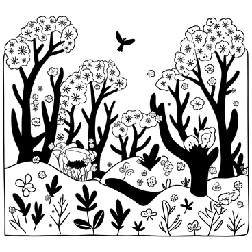 A detailed scene depicting a mystical forest filled with a variety of plants. The plants emit a soft glow, illuminating the surroundings with their light. Various magical creatures are scattered throughout the forest; some are perched on branches, while others are moving along the ground. The forest floor is covered with intricate patterns of leaves and small flowers, enhancing the magical atmosphere. The entire scene is laid out on a 30x20 board, providing a clear and organized view of this enchanted environment.