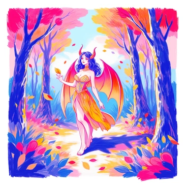 A succubus with flowing dark hair and large, bat-like wings is standing in a vibrant autumn forest. She is wearing a form-fitting dress that complements her figure, adorned with intricate patterns that echo the colors of the leaves. The trees around her are ablaze with shades of red, orange, and yellow, their leaves gently falling to the ground. Sunlight filters through the branches, casting playful shadows on the forest floor. The succubus has a playful expression as she reaches out to catch a falling leaf. A gentle breeze stirs the air, adding a sense of movement to the scene.