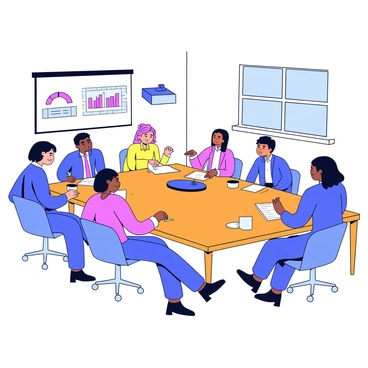 A corporate meeting room with a large rectangular table made of polished wood. Around the table are six professionals in business attire, three from the corporate side and three from the NGO. Each person is engaged in discussion, with one individual pointing at a document spread on the table. A projector displays a slide on the wall, illustrating a project proposal with charts and graphs. A window lets in natural light, casting soft shadows across the room. On the table are notebooks, pens, and cups of coffee, adding to the atmosphere of focused collaboration.