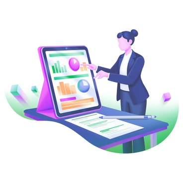 A modern pastel illustration featuring an insurance agent standing next to a table. The agent, dressed in a professional outfit, is pointing at a tablet displaying various graphs and charts. The tablet is oriented toward the viewer, showcasing colorful data visualizations. Surrounding the agent are documents and a pen, emphasizing the context of a financial discussion. In the background, there are soft, pastel-colored shapes that create a calming atmosphere for the scene.