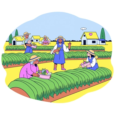 A bright village scene featuring several farmers working diligently in their fields. The farmers are shown wearing straw hats and simple clothing, toiling in rows of green crops. In the center, there is a figure of Demeter, a woman with flowing hair and a long dress, gesturing warmly towards the farmers. She holds a basket filled with ripe wheat and colorful vegetables. Surrounding the fields are quaint, rustic houses with thatched roofs, and a clear blue sky above. Sunlight casts gentle shadows on the ground, highlighting the vibrant colors of the landscape.