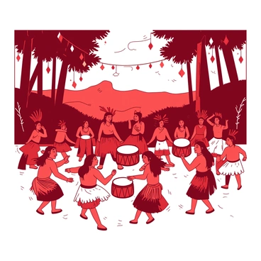 A red and white scene depicts an indigenous community gathered in a clearing surrounded by tall trees. Members of the community are dressed in vibrant traditional clothing, showcasing intricate patterns and colors. They are dancing joyfully, moving in circular formations, with some individuals playing drums, creating a rhythmic backdrop to the celebration. The sun is low in the sky, casting warm light on the participants, highlighting their expressions of happiness and unity. In the background, colorful decorations made from natural materials hang from the trees, adding to the festive atmosphere.