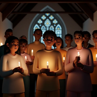 A group of diverse people, including men and women of various ages, are standing in a dimly lit church. Each person is holding a lit candle, which casts a warm glow on their faces. The light from the candles illuminates the intricate details of the church's interior, including stained glass windows and wooden beams. The expressions on their faces reflect hope and reverence as they gather together in this moment. The atmosphere is filled with a sense of unity and anticipation, as the flickering candlelight dances around them.