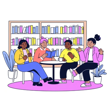 A cozy home library filled with books lining the wooden shelves. A group of three friends is gathered around a small round table. One friend is holding a steaming cup of tea, while another has an open book in their lap. The third friend is gesturing animatedly, clearly engaged in discussion. Each friend has a distinct hairstyle and outfit. Soft, warm lighting illuminates the scene, creating a welcoming atmosphere. A plush rug is underfoot, and a few houseplants are placed around the room.