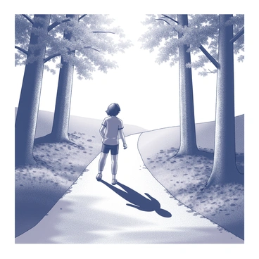 A person walking along a narrow path in a forest. The path is surrounded by tall trees with visible trunks and a lush canopy above. Sunlight filters through the leaves, creating dappled light patterns on the ground. Beside the person is a dark, elongated shadow that mirrors their movements, suggesting the presence of an unseen friend. The person's posture is relaxed, and they are wearing casual clothes. The forest floor is covered with a mix of foliage and small stones, enhancing the natural setting.