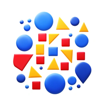A pattern made from overlapping geometric shapes. The shapes include "blue circles," "red squares," and "yellow triangles." The circles are varied in size, some larger and some smaller, interspersed among the squares and triangles. The squares are placed at different angles, creating a dynamic look, while the triangles are oriented in multiple directions. The colors of the shapes contrast with each other, enhancing the visual complexity of the pattern.