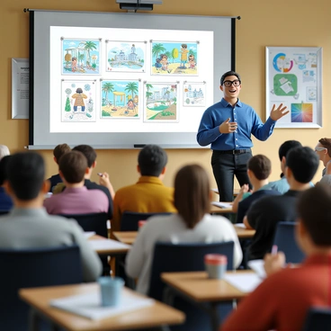 A lecture room filled with attentive students seated at desks. The lecturer, a middle-aged person with glasses and wearing a blue button-up shirt, stands at the front of the room gesturing animatedly. Behind them, a large projector displays various visual examples of illustration styles, including colorful cartoons, detailed sketches, and vibrant digital art. The audience is captivated, with some students taking notes while others are focused on the projector. The walls are adorned with educational posters related to art and design.