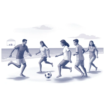 A group of five friends is playing soccer on a sandy beach. Each friend is dressed in casual beachwear, representing different cultures through their clothing patterns and styles. The players are energetically moving on the beach, with one friend dribbling the ball while others are positioned to defend or assist. In the background, gentle waves are lapping at the shore, and a few beach umbrellas and towels are scattered nearby. Their expressions show excitement and enjoyment as they engage in the game. The sky above is clear with a few scattered clouds.