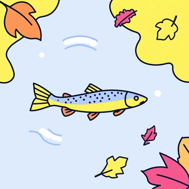 A brook trout with a speckled body swims gracefully in a clear stream. The water flows gently around the fish, creating ripples. Floating on the surface of the stream are various autumn leaves in shades of orange, yellow, and red. The surrounding scenery is illuminated with warm golden hues, enhancing the vibrant colors of the leaves and the natural beauty of the stream.