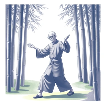 An elderly qi gong master is gracefully displaying a qi gong move in a dense bamboo grove. The master is dressed in loose, flowing attire that emphasizes the fluidity of their movements. Their posture is calm and focused, with arms extended outward in a precise gesture. Tall bamboo stalks surround the master, their leaves gently swaying in a light breeze. The ground is covered with soft green moss, adding to the natural setting. Sunlight filters through the bamboo canopy, casting dappled shadows on the ground.