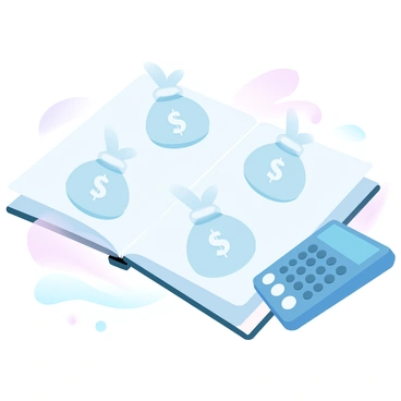 A sketchbook is lying open on a flat surface. The pages of the sketchbook are filled with various sketches that depict bags of money, showing different shapes and sizes. A digital calculator is placed beside the sketchbook, its buttons visible and the display showing a series of numbers. The overall scene has a light, pastel-colored background that enhances the details of the sketchbook and calculator. The sketches of the bags of money are drawn with care, showcasing the ties on top and distinctive dollar signs.