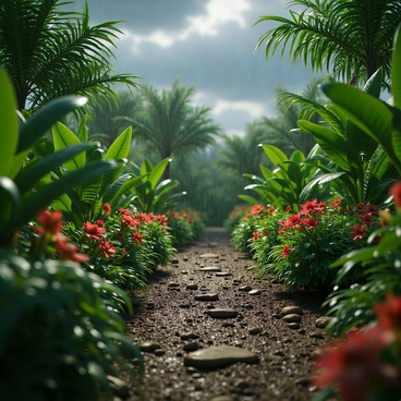 A lush garden filled with a variety of vibrant green plants and flowers, their leaves glistening from the recent rain. The ground is a mix of rich, dark soil and scattered stones, with droplets of water pooling on the surface. Various tropical plants, including broad-leaved palms and colorful hibiscus flowers, thrive in this environment. In the background, the sky is overcast with dark clouds, creating a moody atmosphere. The rain is gently falling, creating small splashes on the leaves and ground, enhancing the freshness of the scene.
