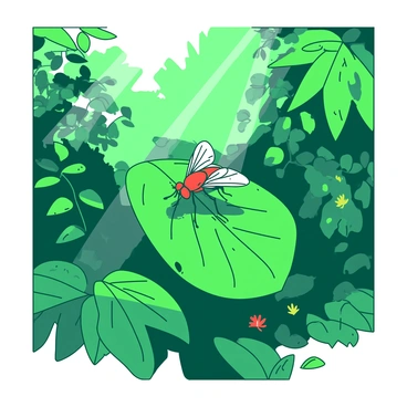 A red fruit fly is perched on a large green leaf within the dense foliage of a tropical rainforest. Surrounding the fly are various green plants, with large, broad leaves and small colorful flowers peeking through. Sunlight filters through the canopy above, casting dappled shadows on the ground. The air is filled with vibrant greenery, creating a rich and lush environment for the fruit fly to navigate.