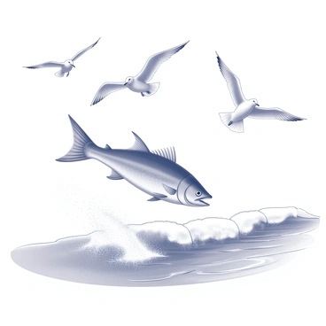 A snapper fish leaping out of the water with droplets cascading around its body. The fish is positioned mid-air, showcasing its streamlined form and prominent fins. Above, several seagulls are flying, their wings spread wide as they soar gracefully. The background features a coastal landscape with gentle waves lapping at the shore, creating a sense of movement and interaction between the fish and the seabirds. The overall composition captures the dynamic energy of a lively coastal scene.