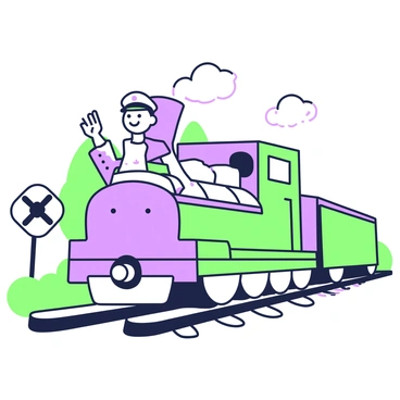 A tiny train conductor is standing at the front of a large locomotive. He is wearing a conductor's hat and a uniform with buttons. The locomotive has a powerful front, adorned with a prominent front grille and large windows. The conductor is waving his right hand enthusiastically. The train tracks stretch into the distance behind the locomotive, with small details like track ties and a rail crossing sign visible nearby. The background features trees and a clear sky to add context to the scene.