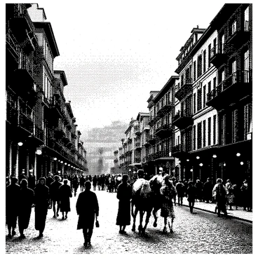 A 19th-century street scene is filled with numerous pedestrians, some conversing in small groups while others walk briskly along the cobblestone path. Gas lamps line the street, casting flickering light on the faces of the passersby and creating long shadows on the ground. Horse-drawn carriages are seen traversing the road, their wheels turning against the stones with a rhythmic sound. Buildings with ornate facades and large windows stand on either side of the street, many with iron railings and balconies. A street vendor can be spotted selling wares from a simple wooden cart, adding to the lively atmosphere of the setting. The sky overhead is a gradient of deepening hues as dusk approaches, with the last rays of sunlight fading away.