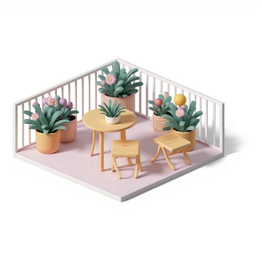 An isometric view of a balcony garden, featuring a variety of potted plants with vibrant flowers and lush greenery. The balcony is adorned with a small, round wooden table at the center, accompanied by two matching chairs, designed for relaxation. The table has a decorative potted plant placed on it, while the surrounding pots vary in size and shape, showcasing an array of colorful blooms. The setting is well-lit, creating an inviting atmosphere for enjoying the garden.