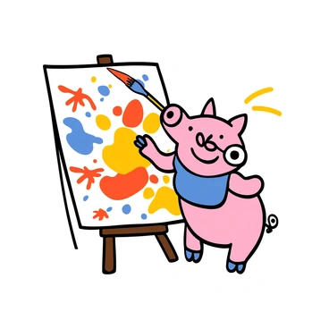 A pig with light pink skin and big eyes is standing on its hind legs in front of a large canvas. The pig is holding a paintbrush in its mouth, creating vibrant splashes of color on the canvas. The background features a variety of paint splatters in red, blue, and yellow, reflecting the abstract nature of the artwork. The pig is wearing a small blue painter's apron, and its trotters are covered in colorful paint. The pig's expression shows concentration and joy as it works on the piece.