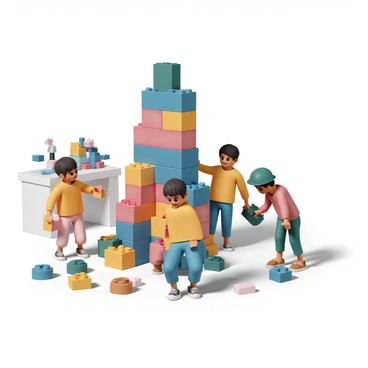 A group of toy builders, featuring various characters in bright colors, are actively constructing a skyscraper using colorful blocks. Each builder is holding a different-sized block, with some made of red, blue, yellow, and green plastic. The skyscraper is taking shape with several layers, showcasing an intricate design. In the background, there are scattered blocks of various shapes and colors, and a workbench filled with tools like hammers and screwdrivers. The scene is filled with enthusiasm as the builders collaborate on their project, demonstrating teamwork and creativity.